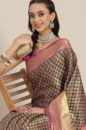 Navy blue floral zari brocade traditional saree with blouse piece