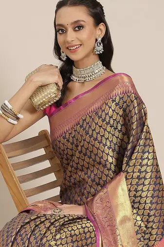 Navy blue floral zari brocade traditional saree with blouse piece