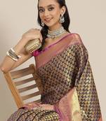 Navy blue floral zari brocade traditional saree with blouse piece