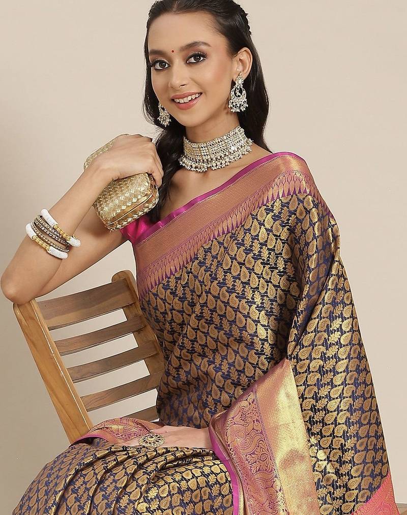 Navy blue floral zari brocade traditional saree with blouse piece