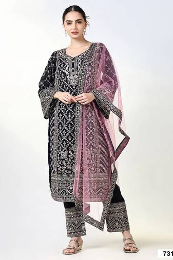 Maroon georgette semi stitched suit with embroidery coding & sequence work