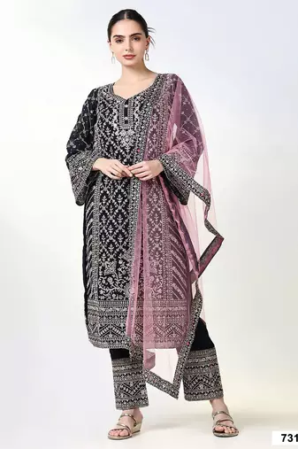 Maroon georgette semi stitched suit with embroidery coding & sequence work
