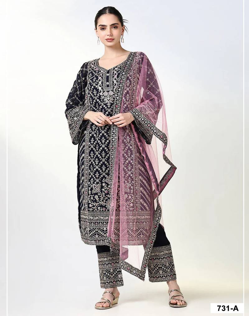 Maroon georgette semi stitched suit with embroidery coding & sequence work