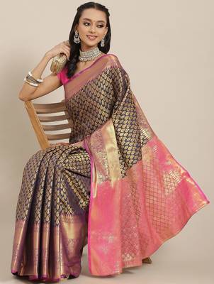 Navy blue floral zari brocade traditional saree with blouse piece 2