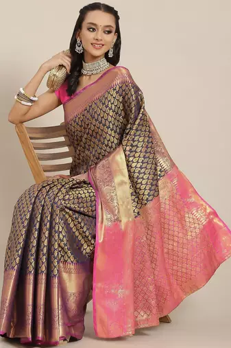 Navy blue floral zari brocade traditional saree with blouse piece