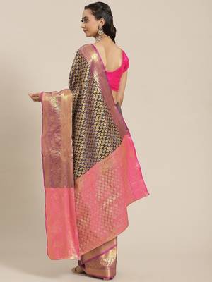 Navy blue floral zari brocade traditional saree with blouse piece 3