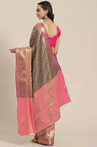 Navy blue floral zari brocade traditional saree with blouse piece
