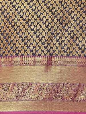Navy blue floral zari brocade traditional saree with blouse piece 4