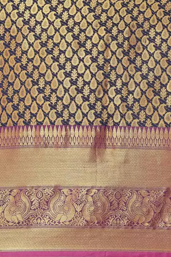 Navy blue floral zari brocade traditional saree with blouse piece