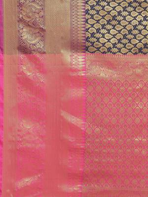 Navy blue floral zari brocade traditional saree with blouse piece 5