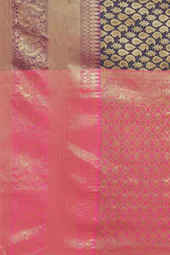 Navy blue floral zari brocade traditional saree with blouse piece
