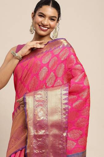 Pink woven cotton blend traditional saree with blouse piece