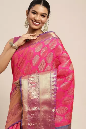 Pink woven cotton blend traditional saree with blouse piece