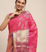 Pink woven cotton blend traditional saree with blouse piece