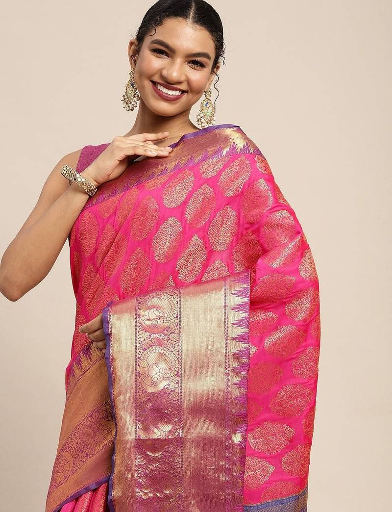 Pink woven cotton blend traditional saree with blouse piece