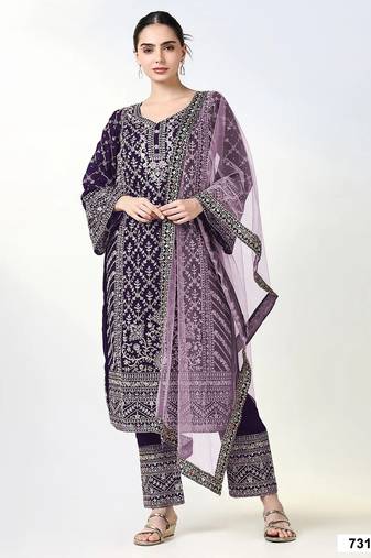 Purple georgette semi stitched suit with embroidery coding & sequence work