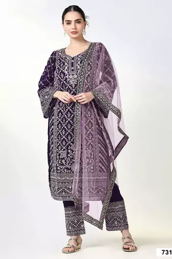 Purple georgette semi stitched suit with embroidery coding & sequin  work