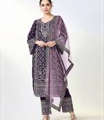 Purple georgette semi stitched suit with embroidery coding & sequence work