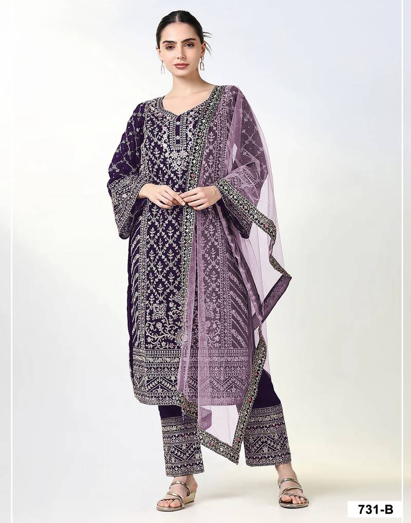 Purple georgette semi stitched suit with embroidery coding & sequence work