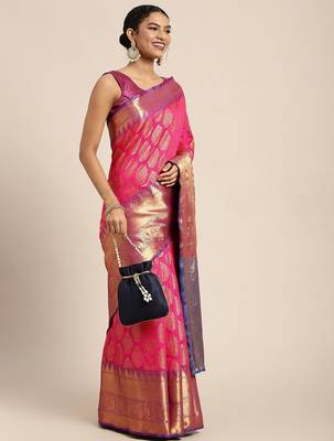 Pink woven cotton blend traditional saree with blouse piece 2