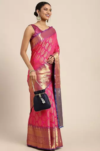 Pink woven cotton blend traditional saree with blouse piece