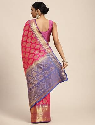 Pink woven cotton blend traditional saree with blouse piece 3