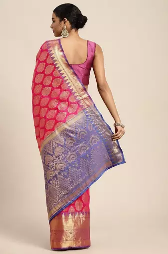 Pink woven cotton blend traditional saree with blouse piece