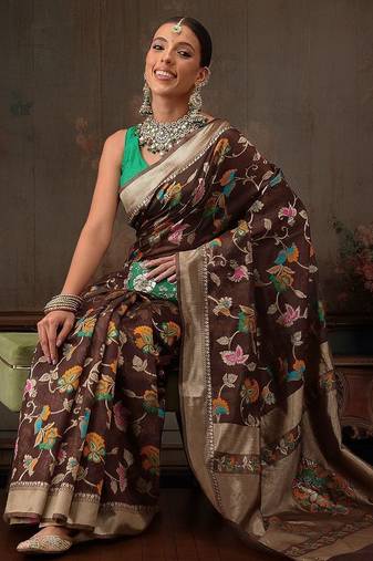 Brown woven pure cotton ethnic saree with blouse piece
