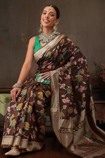 Brown woven pure cotton ethnic saree with blouse piece