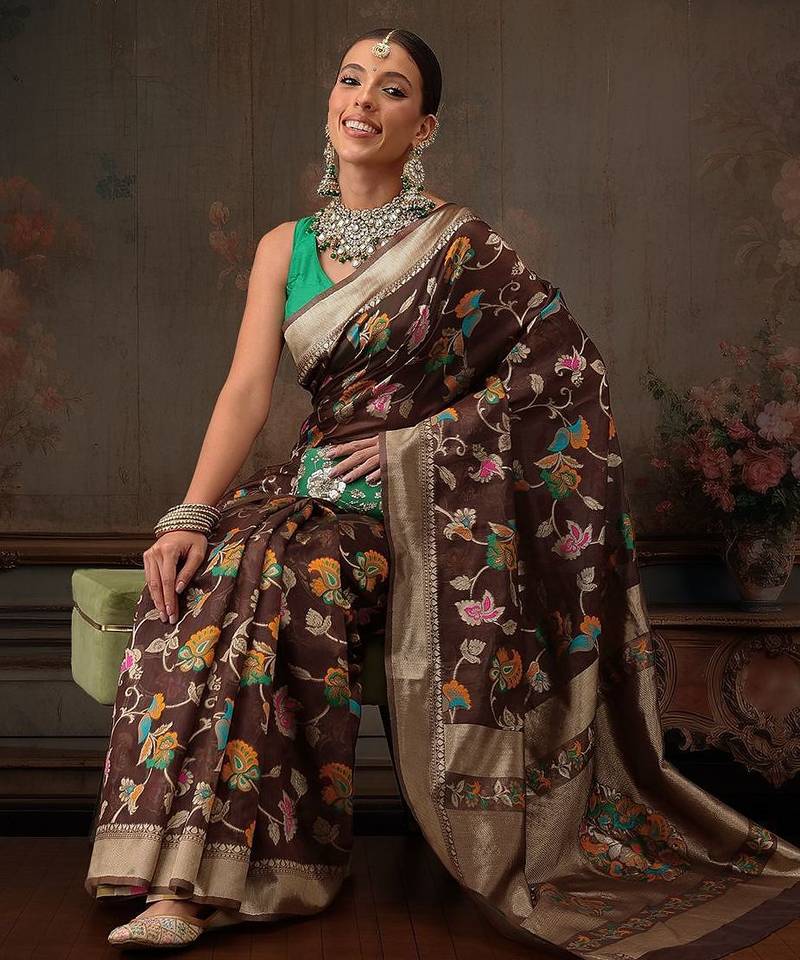 Brown woven pure cotton ethnic saree with blouse piece