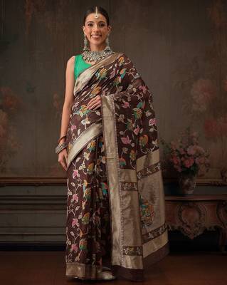 Brown woven pure cotton ethnic saree with blouse piece 2