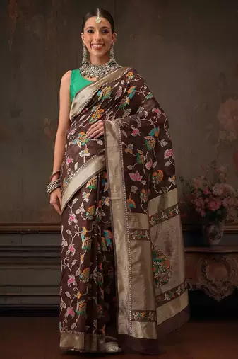 Brown woven pure cotton ethnic saree with blouse piece