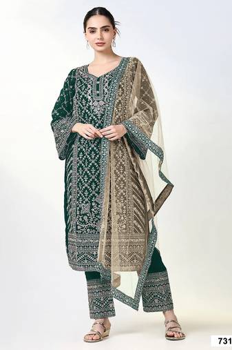 D green georgette semi stitched suit with embroidery coding & sequence work