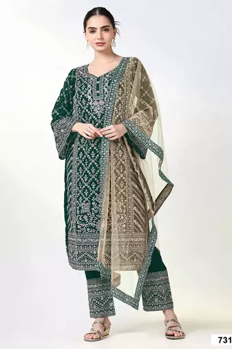 D green georgette semi stitched suit with embroidery coding & sequin  work