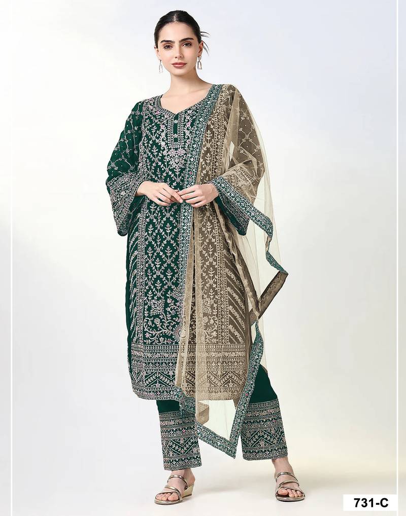 D green georgette semi stitched suit with embroidery coding & sequence work