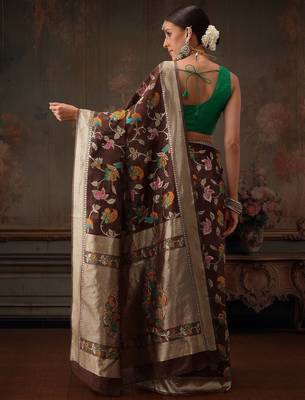 Brown woven pure cotton ethnic saree with blouse piece 3