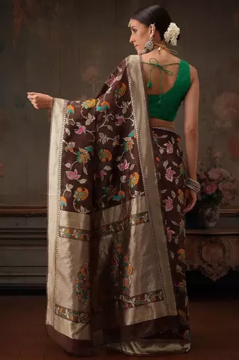 Brown woven pure cotton ethnic saree with blouse piece