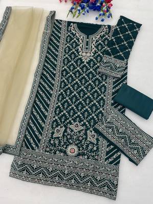 D green georgette semi stitched suit with embroidery coding & sequin  work 2