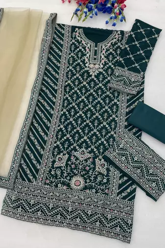 D green georgette semi stitched suit with embroidery coding & sequin  work