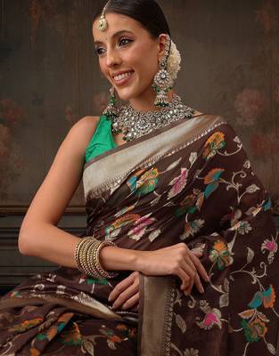 Brown woven pure cotton ethnic saree with blouse piece 4