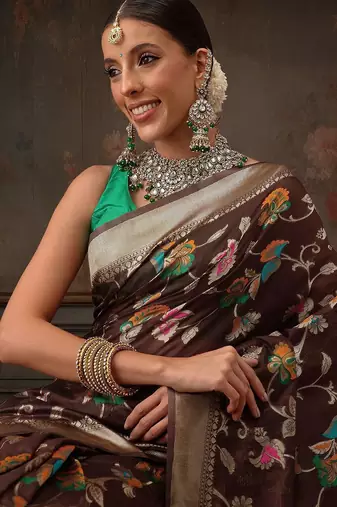 Brown woven pure cotton ethnic saree with blouse piece