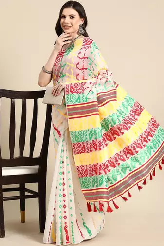 Off white woven pure cotton ethnic saree with blouse piece