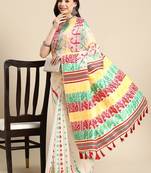 Off white woven pure cotton ethnic saree with blouse piece