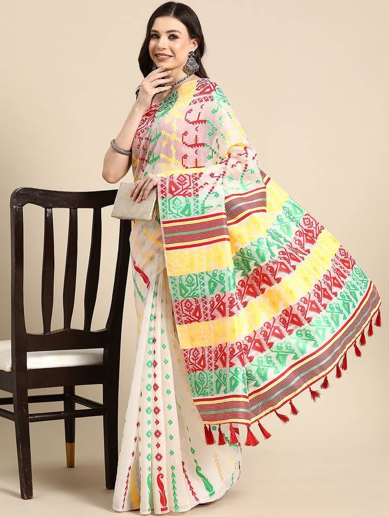 Off white woven pure cotton ethnic saree with blouse piece