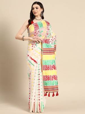 Off white woven pure cotton ethnic saree with blouse piece 2