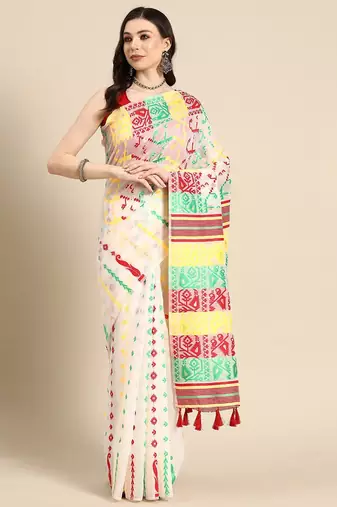 Off white woven pure cotton ethnic saree with blouse piece