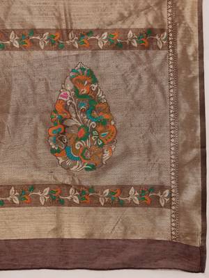 Brown woven pure cotton ethnic saree with blouse piece 5