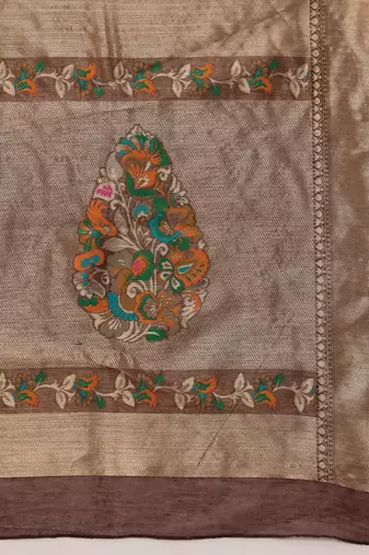 Brown woven pure cotton ethnic saree with blouse piece