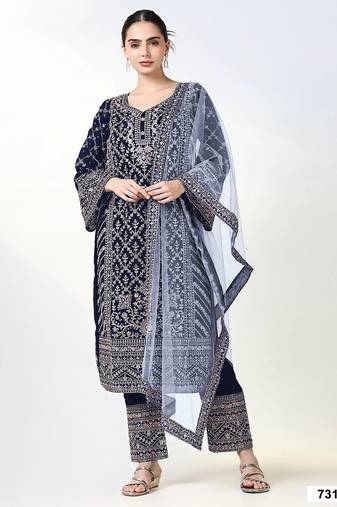 Navy georgette semi stitched suit with embroidery coding & sequence work