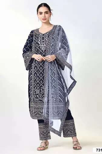 Navy georgette semi stitched suit with embroidery coding & sequin  work